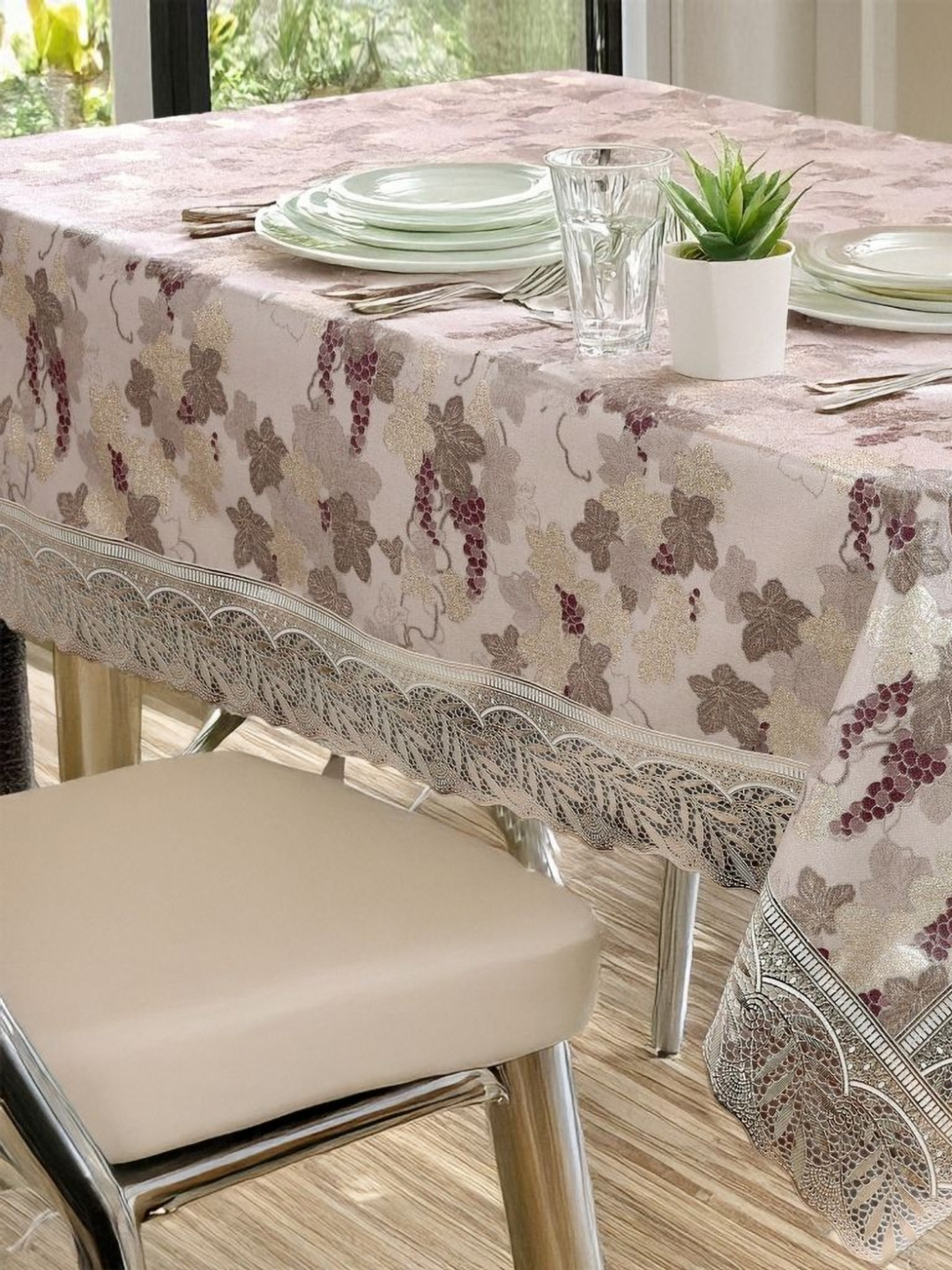Stylista Beige Floral Woven Design 8-Seater Rectangle Table Cover
