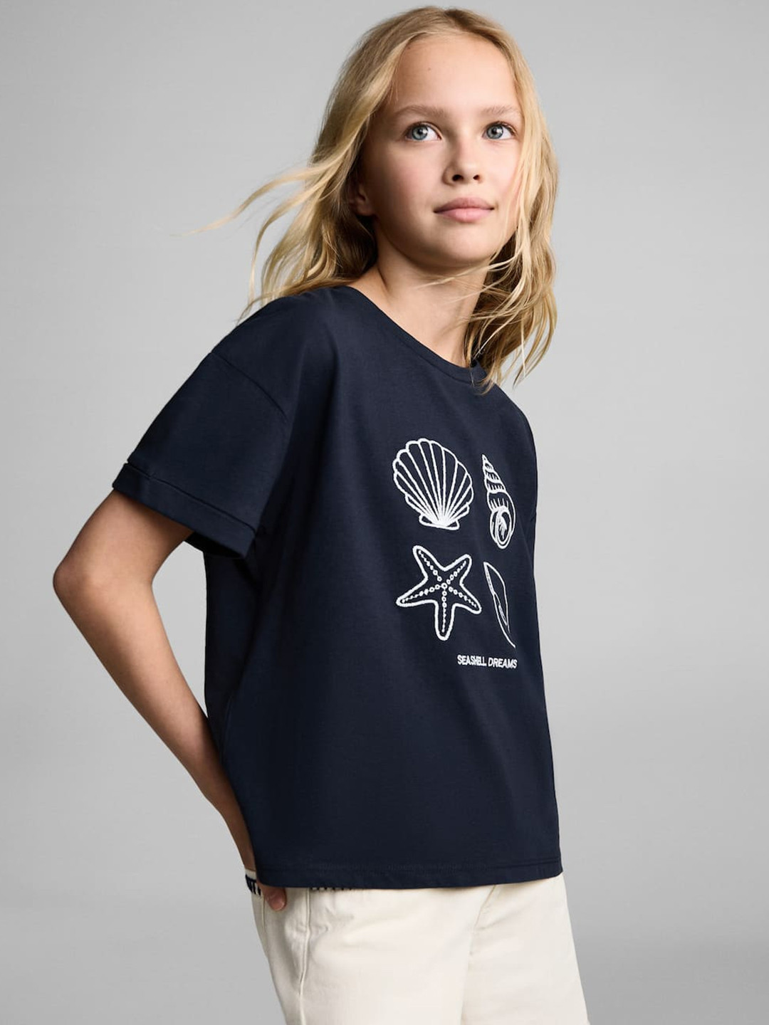 Mango Kids Girls Pure Cotton Seashell Embroidered T-shirt