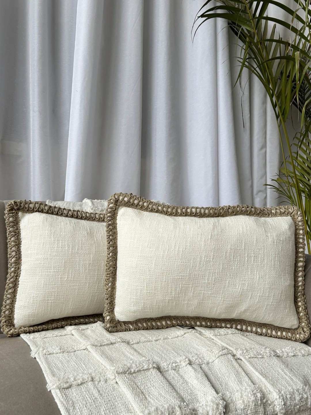EXPORT HOUSE White Cotton Ultra Soft 2 Piece Textured Rectangle Cushion Covers -12x20In