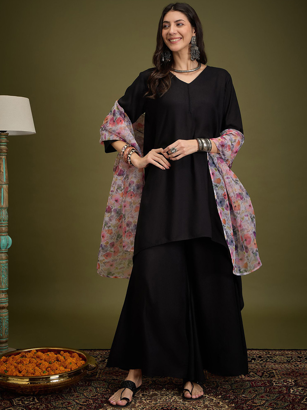 InWeave Women Solid A-Line Calf Length Regular Kurta Palazzos With Dupatta