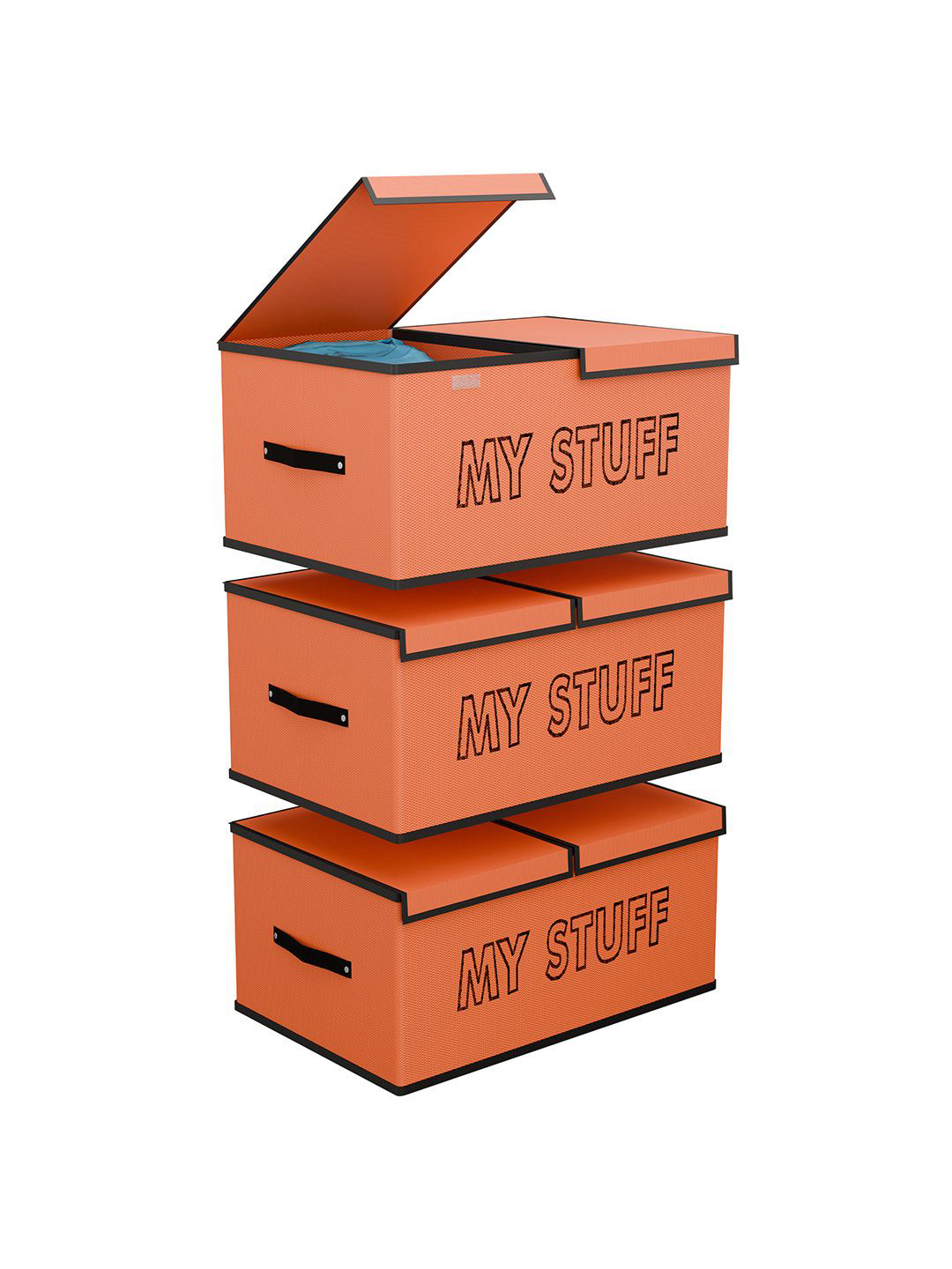 Kuber Industries Orange Colored & Black 3 Pieces Printed Storage Box Organisers With Lid