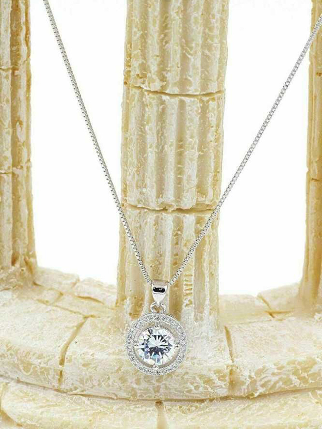 Bling Queen Silver Plated Cubic Zirconia Studded Circle Shaped Pendant Chain