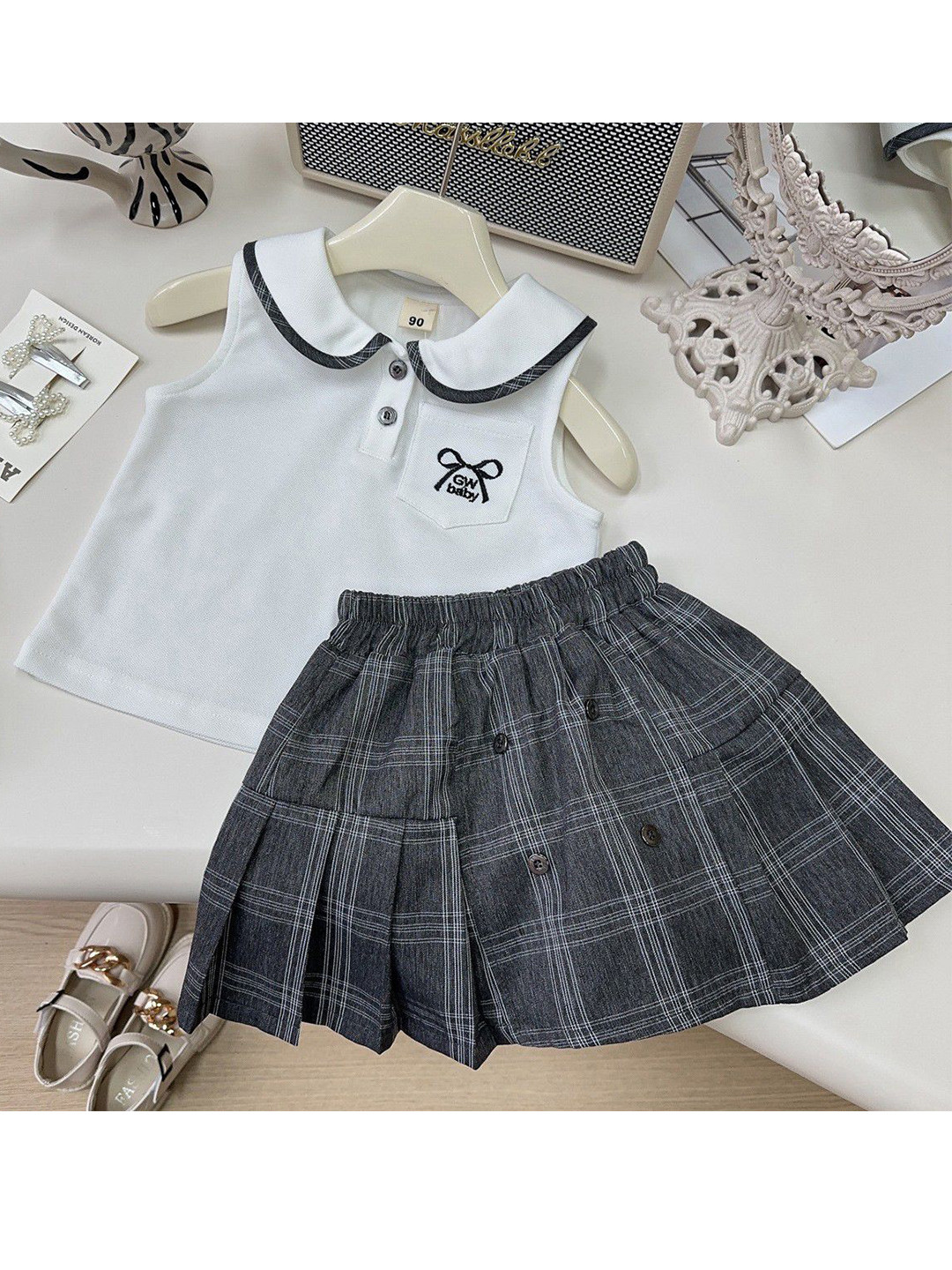 StyleCast x Revolte Girls Typography Printed Shirt Collar Pure Cotton Top With Skirt