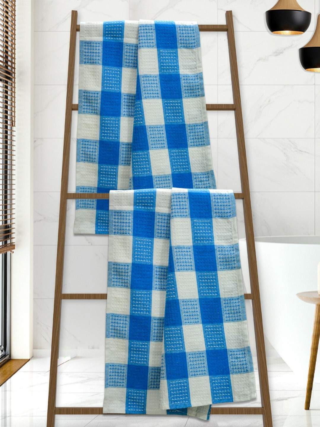 Athom Living White And Blue 2 Pcs Printed Cotton 210 GSM Bath Towel