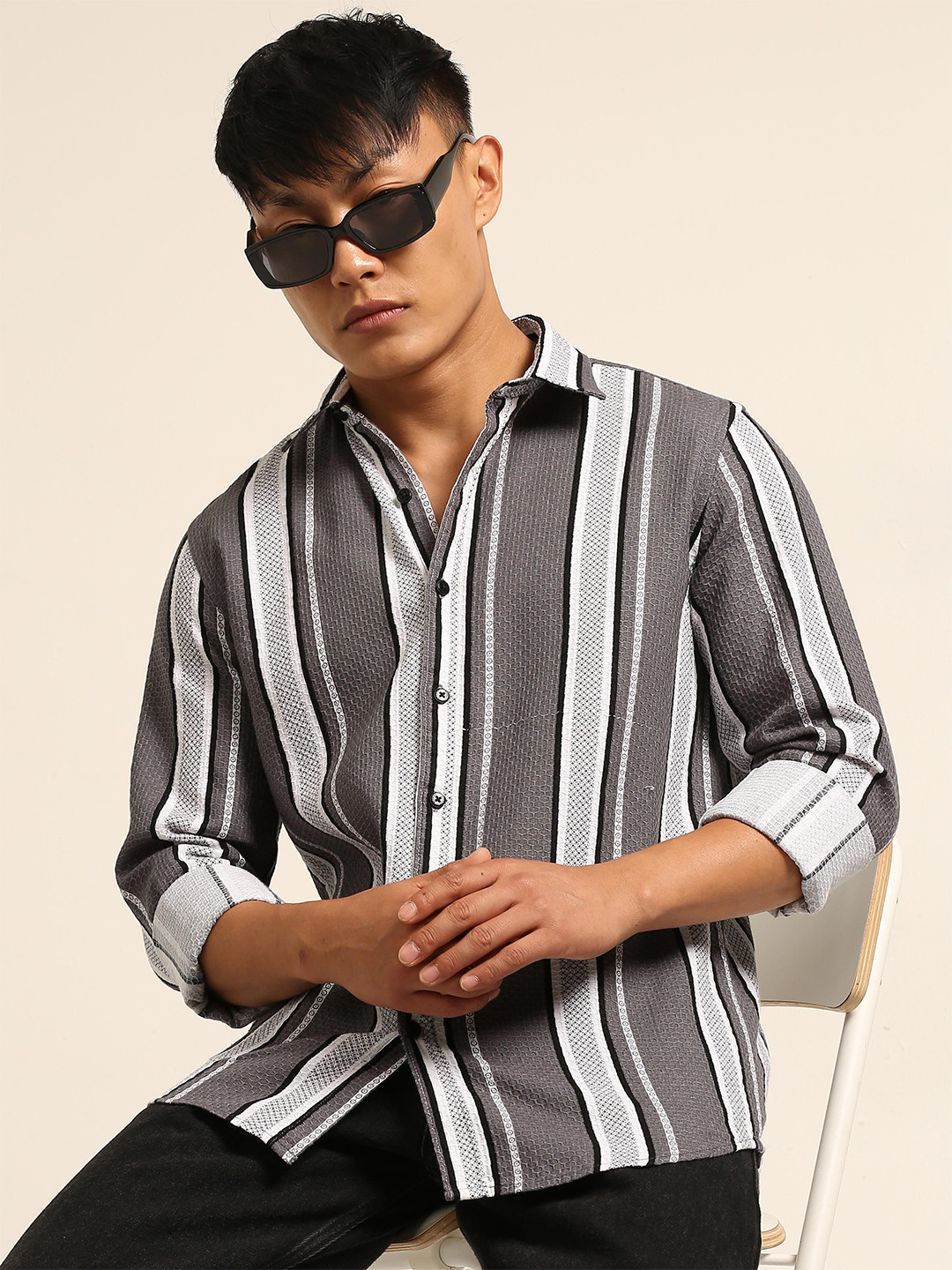 Bushirt Men Classic Striped Spread Collar Oxford Cotton Casual Shirt