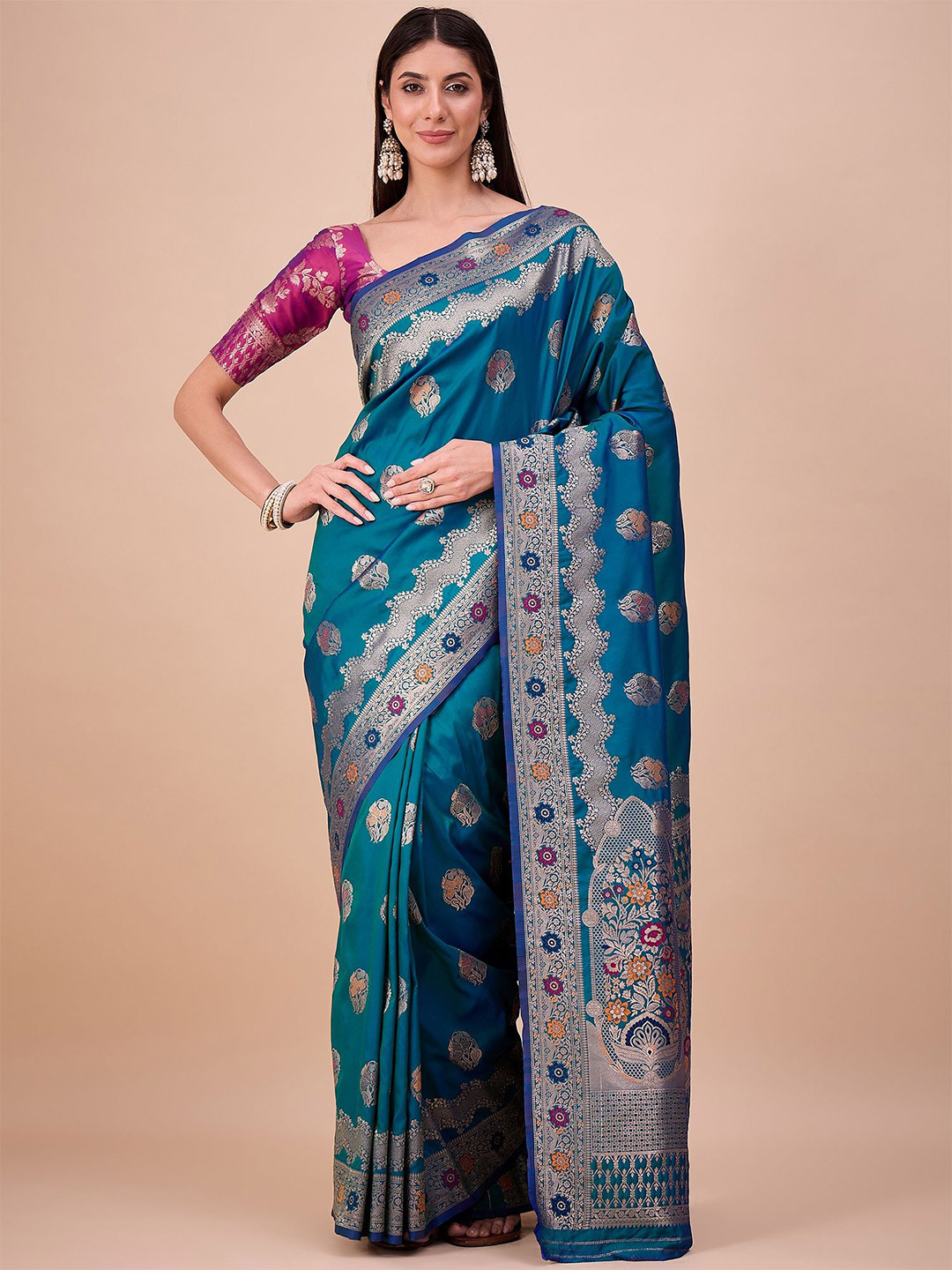 House of Pataudi Woven Design Meenakari Banarasi Saree With Blouse Piece