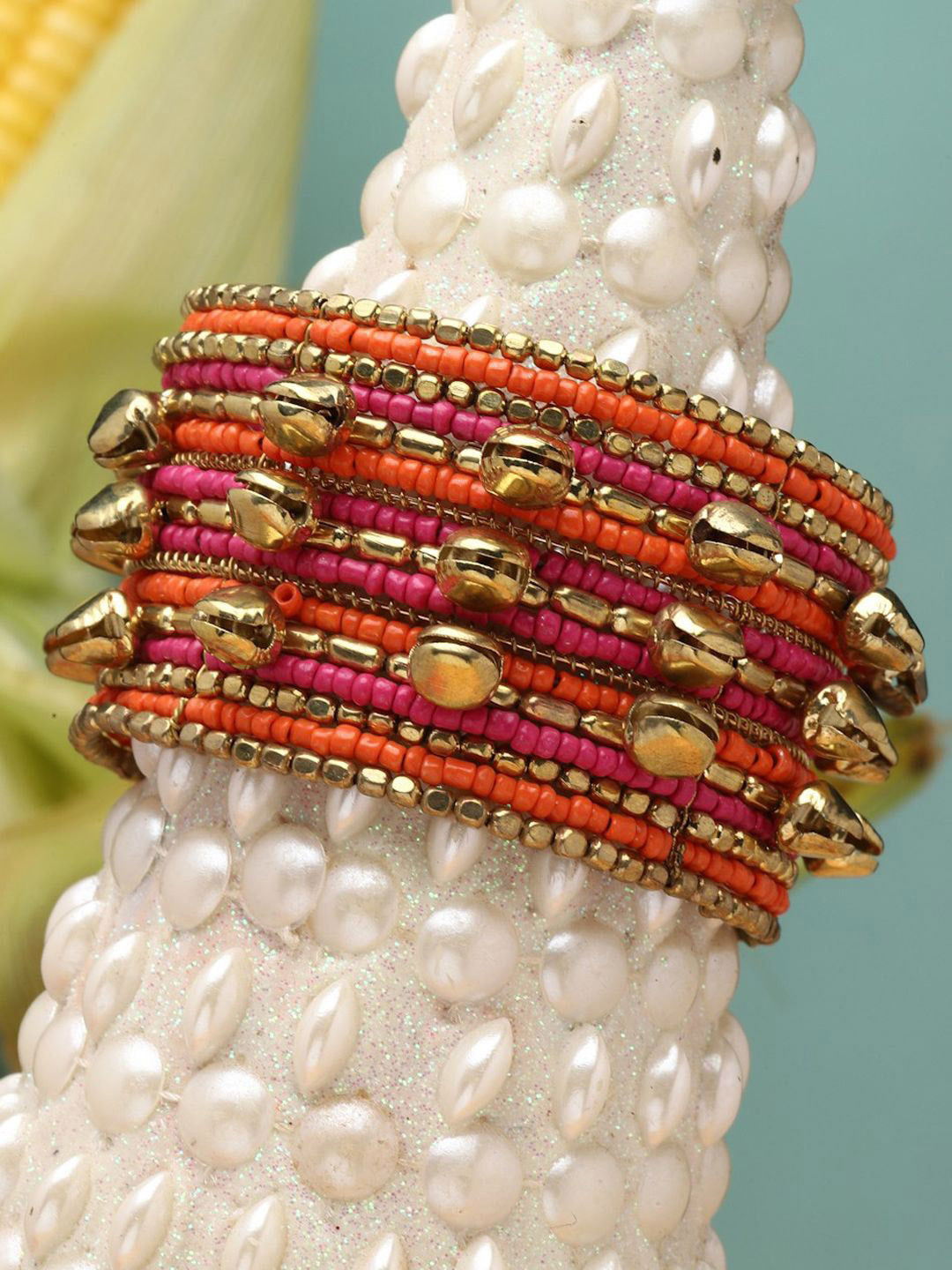 Moedbuille Gold-Plated Ghungroo Afghan Design Oxidised Cuff Bracelet