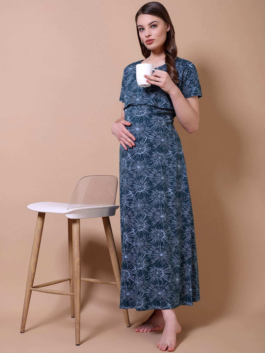 THE MAMA KLUB Pure Cotton Maternity & Nursing Full Nighty
