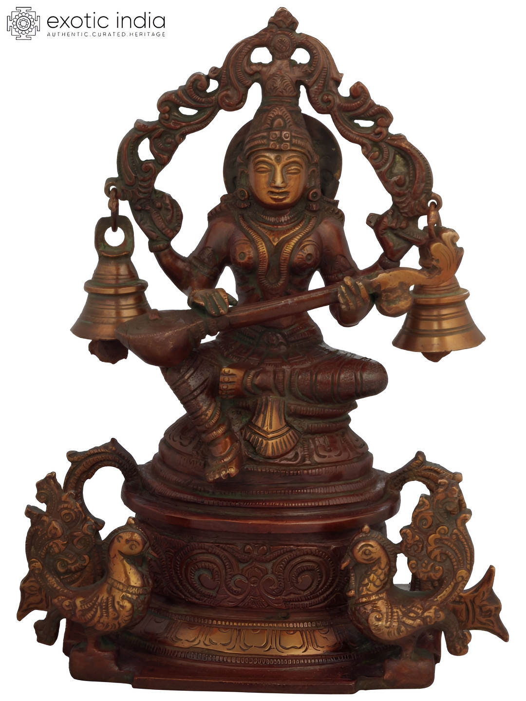 Exotic India Goddess Saraswati Seated on Pedestal Brown Brass Metallic Prayer Room Hand Made Medium Showpiece - 8.3 Inches