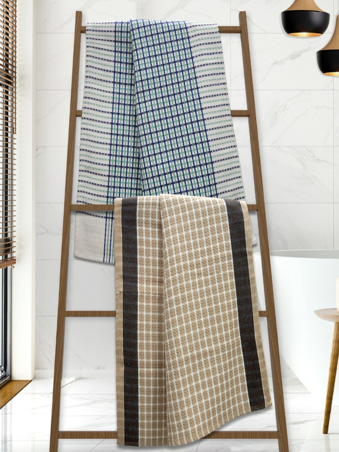 Athom Living Blue and White 2 Pieces Printed Cotton 210 GSM Bath Towel