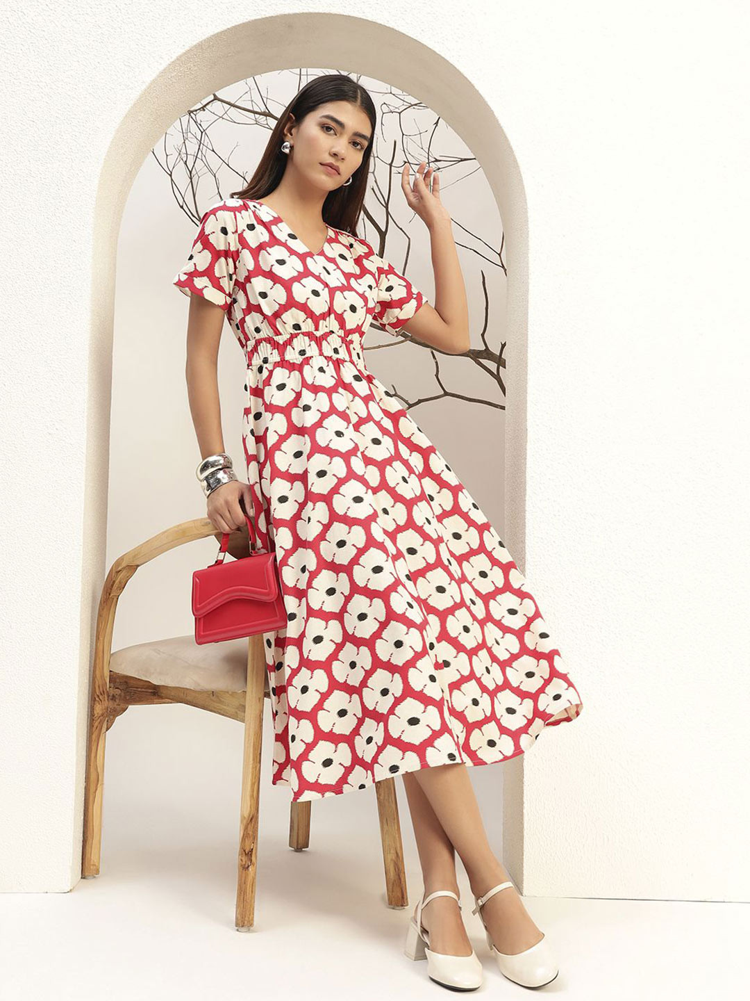 Bani Women Red Color Floral Printed Fit & Flare Midi Length Dress