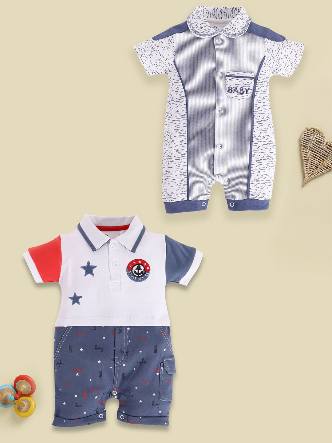 BABY GO 2-Pcs Infant Boys Printed Pure Cotton Rompers