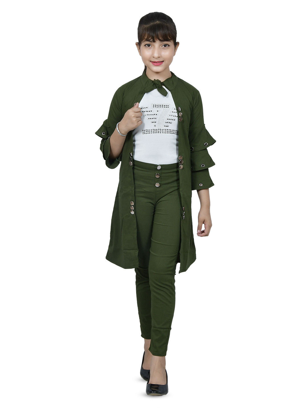 PERFECTPIVOT Kids-Grls 3 Piece Tie-Up Neck Dress With Shrug Top Pant