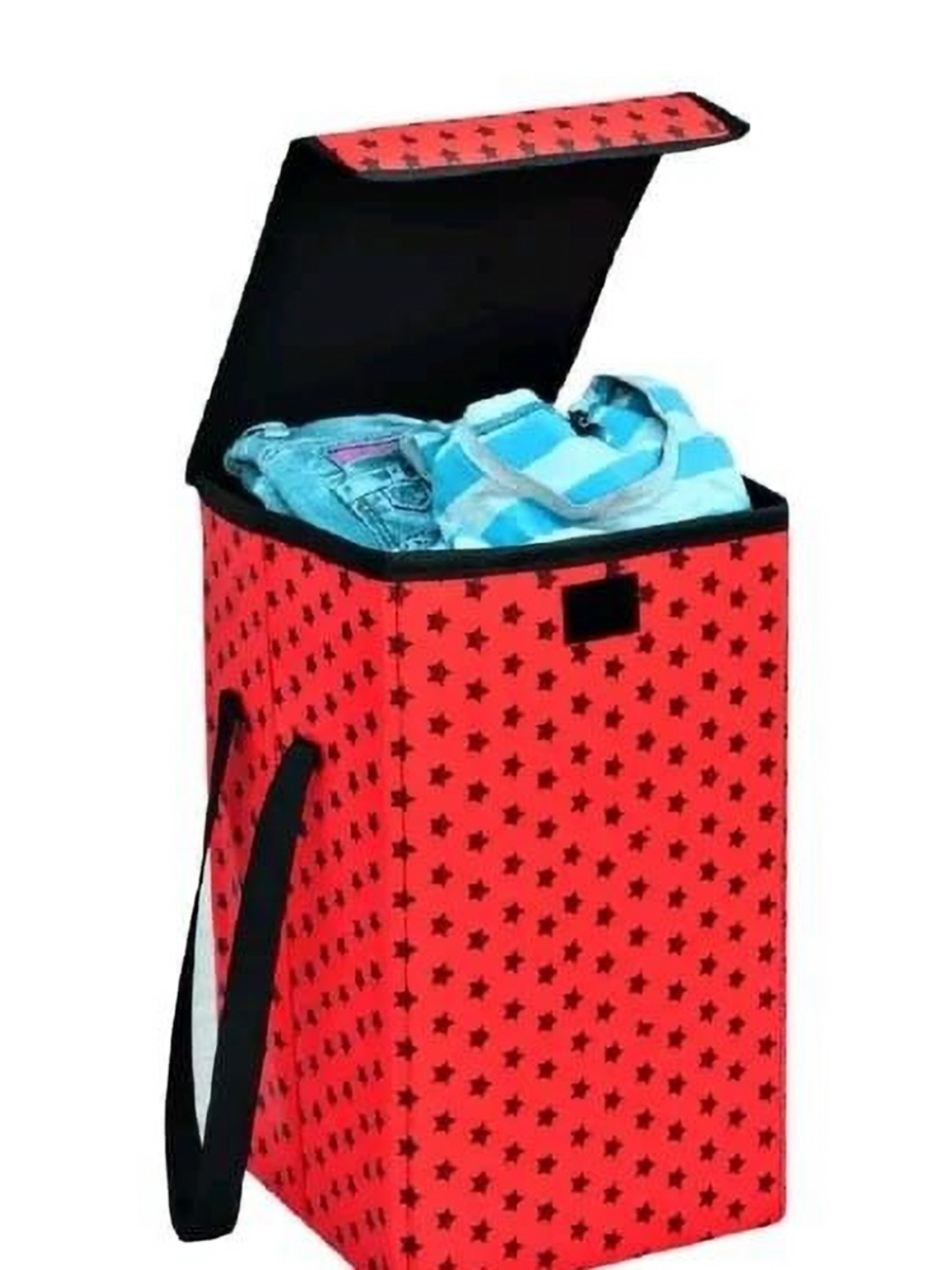 Aura Red Star Printed Foldable Laundry Bag with Lid & Handles