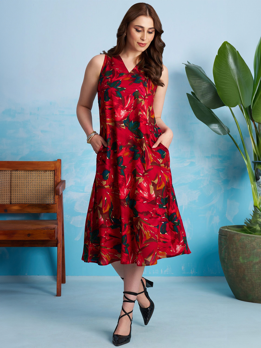 FLOWERVELLY Floral Print A-Line Midi Dress