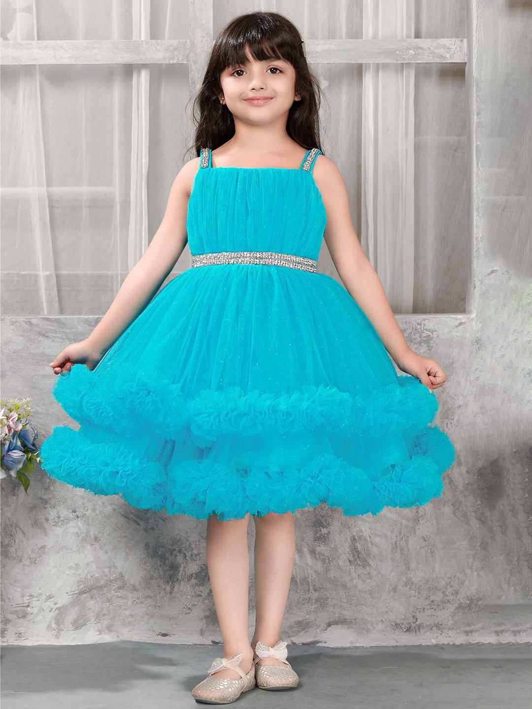 Lagorii Girls Turquoise Blue Princess Party Frock With Ruffled Layers And Sparkle Waist