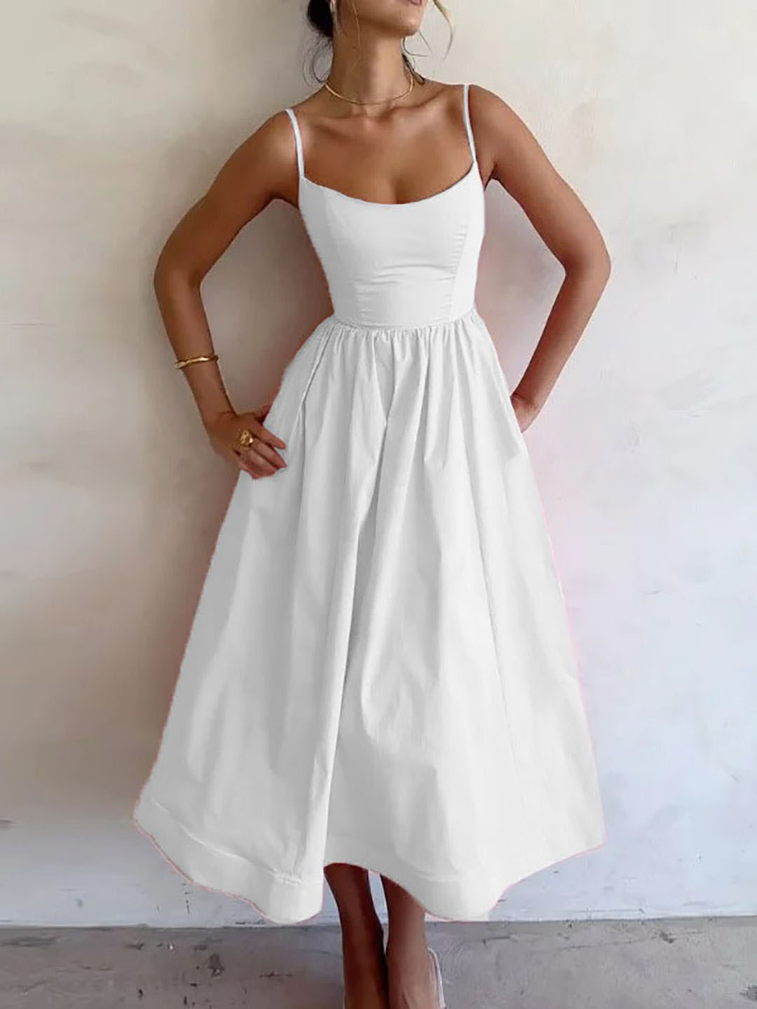 White Spaghetti Strap Scoop Neck Fit & Flare Midi Dress with Pockets