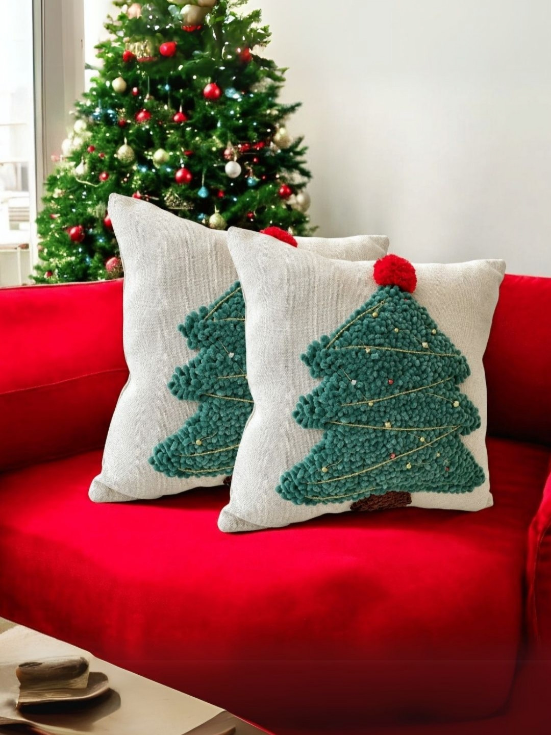 LUSHLYF Tree Tufted Christmas Cotton 2 Pcs Embroidered Square Cushion Covers -18x18In