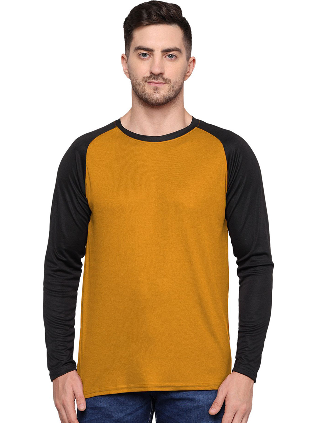 Yellow and Black Colourblocked Round Neck Regular Fit T-shirt