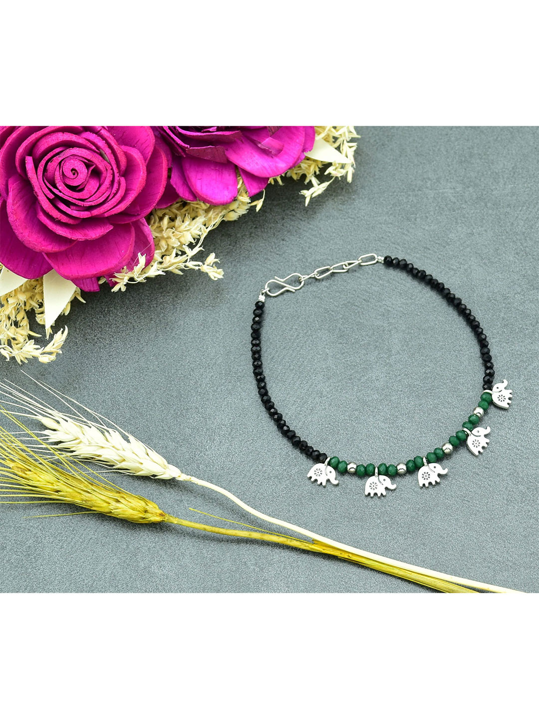 HIGH TRENDZ Silver-Plated Artificial Beaded Elephant Charm Anklet