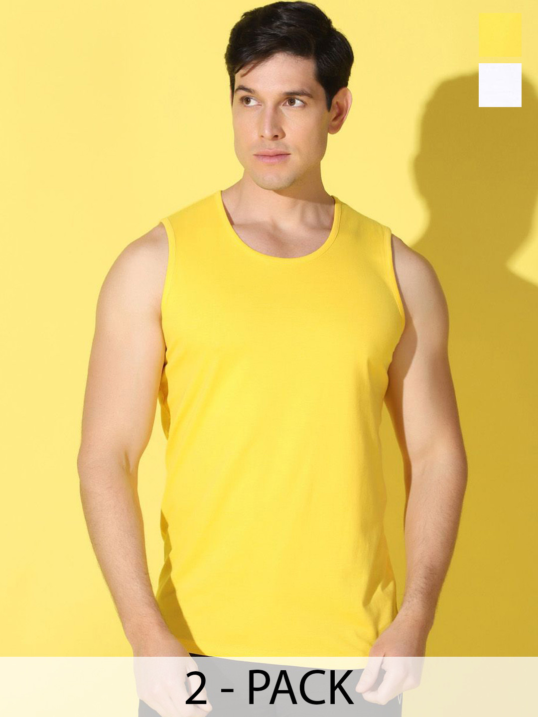 WOOSTRO Pack Of 2 Printed Combed Cotton Gym Vests VWS26(PLAIN YELLOW)(98 WHITE)