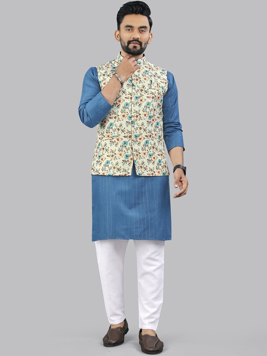 Leipzig Fashion Men Floral Printed Kurta with Pyjama & Nehru Jacket