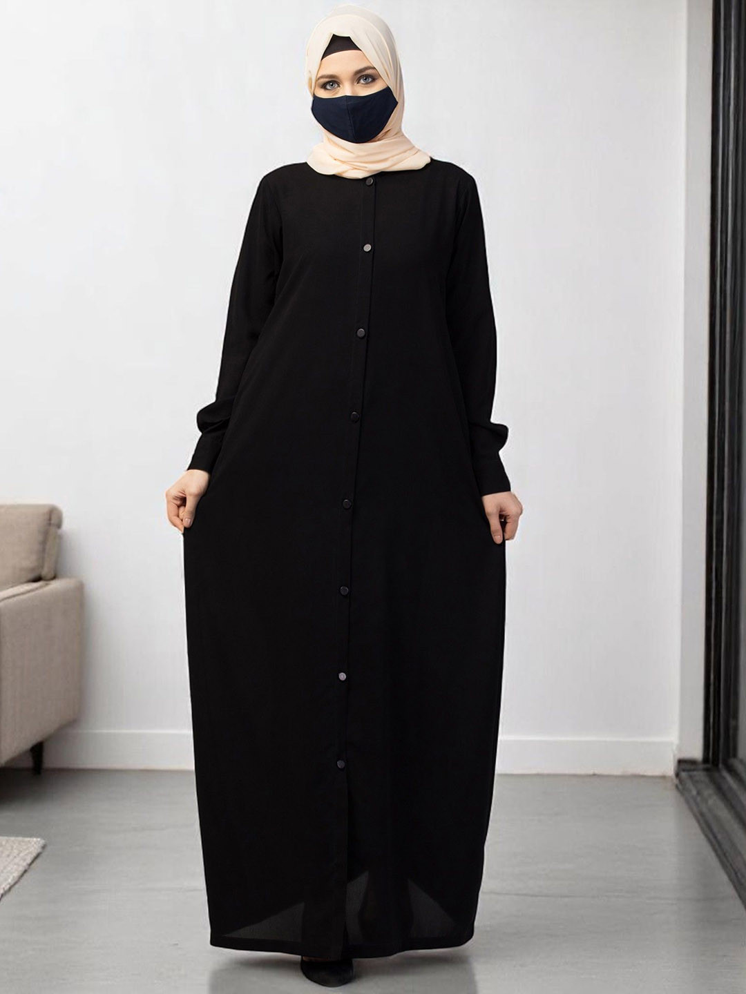 BASHARIYA Front Open Abaya Cuffed Sleeves With Mouthpiece