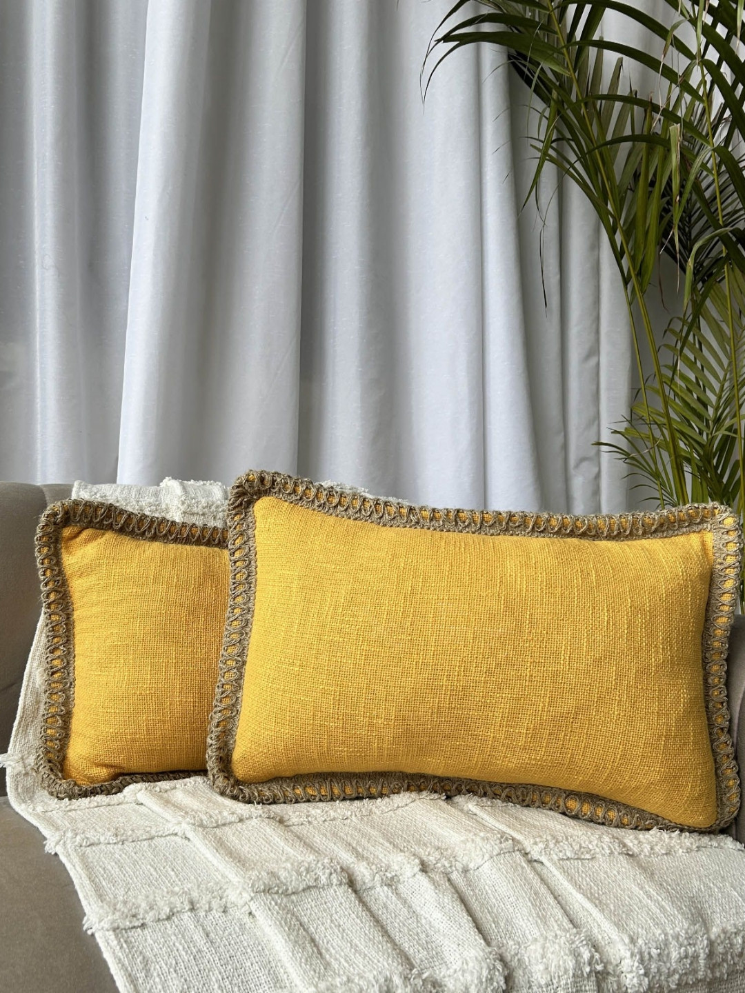 EXPORT HOUSE Mustard Cotton Ultra Soft 2 Piece Textured Rectangle Cushion Covers -12x20In