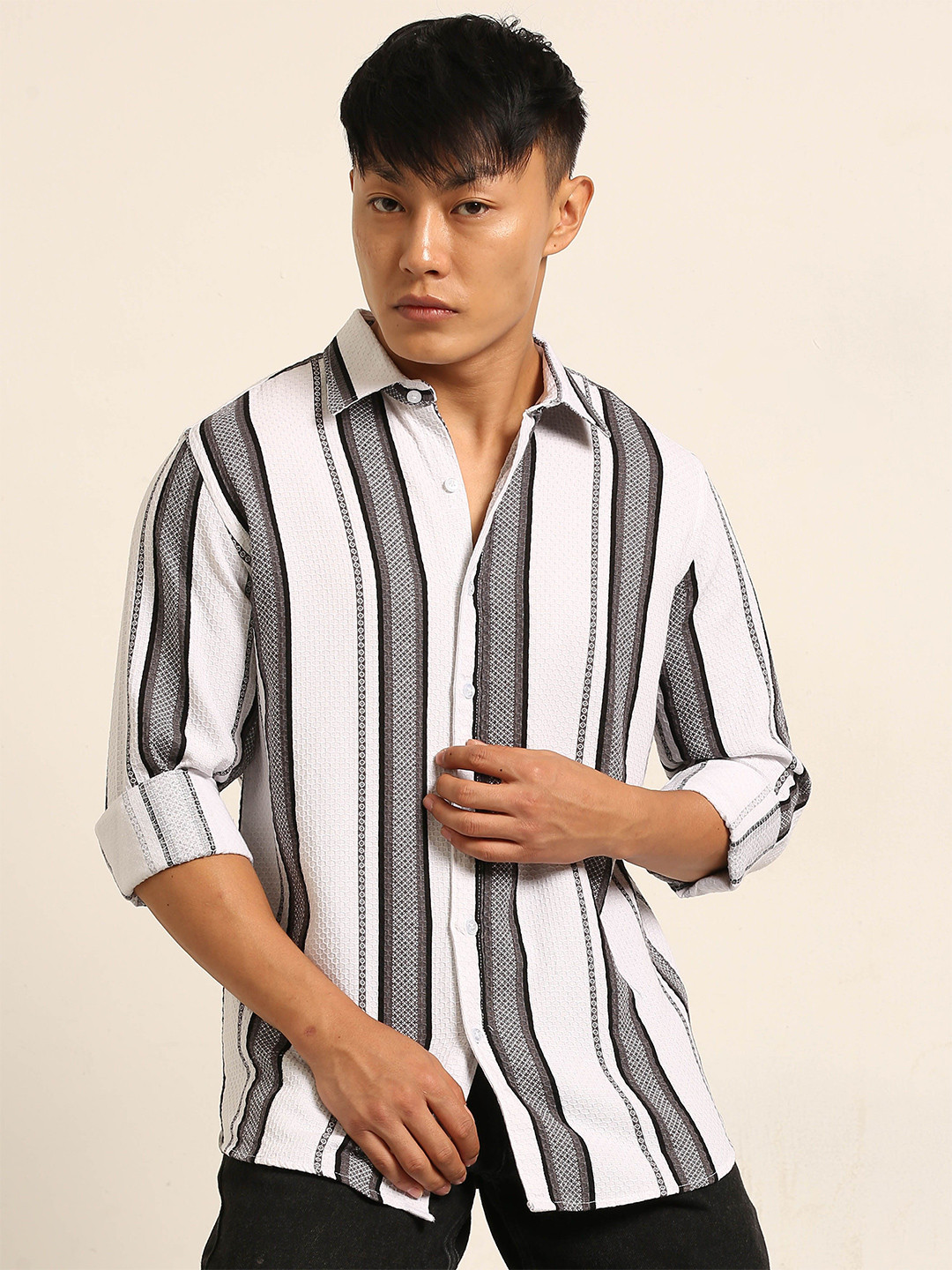 Bushirt Men Classic Striped Spread Collar Oxford Cotton Casual Shirt