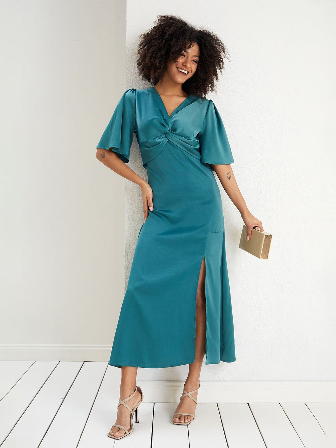 Greenishpink Women Twist V Neck Half Flared Sleeve Satin Midi Dress