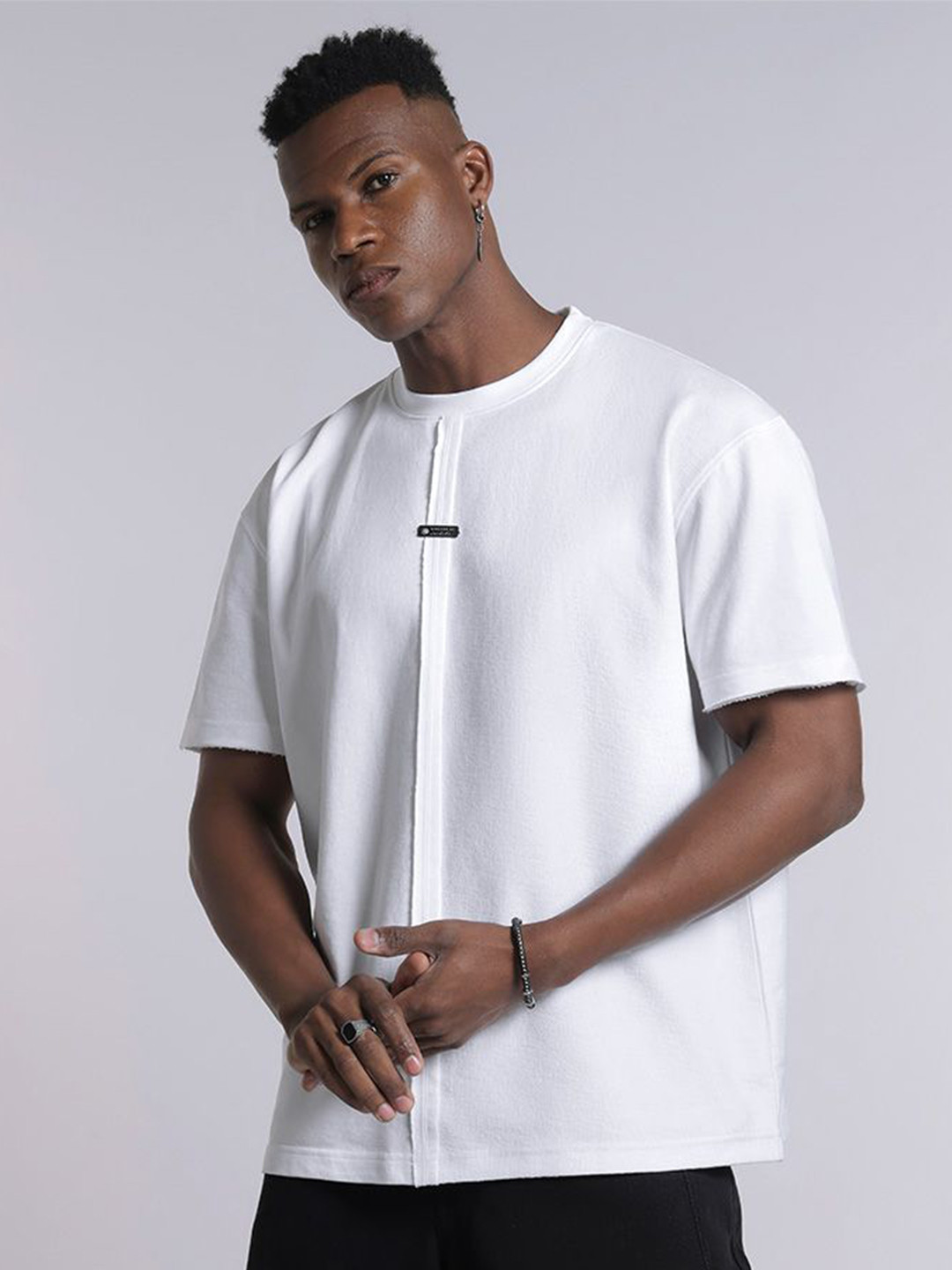 KINGDOM OF WHITE Men Solid Round Neck Cotton Oversized T-shirt