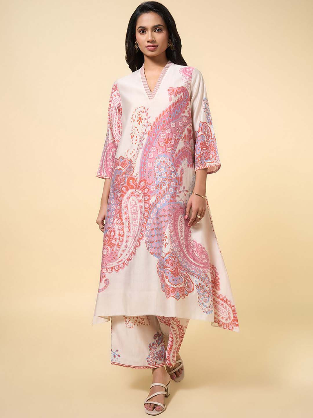 Marigold Lane Paisley Printed V Neck Thread Work A-line Kurta With Trousers