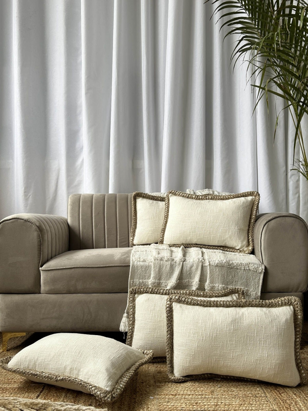 EXPORT HOUSE Breathable Cotton 5 Pcs Embroidered Rectangle Cushion Covers - 12.1 x 19.7 In