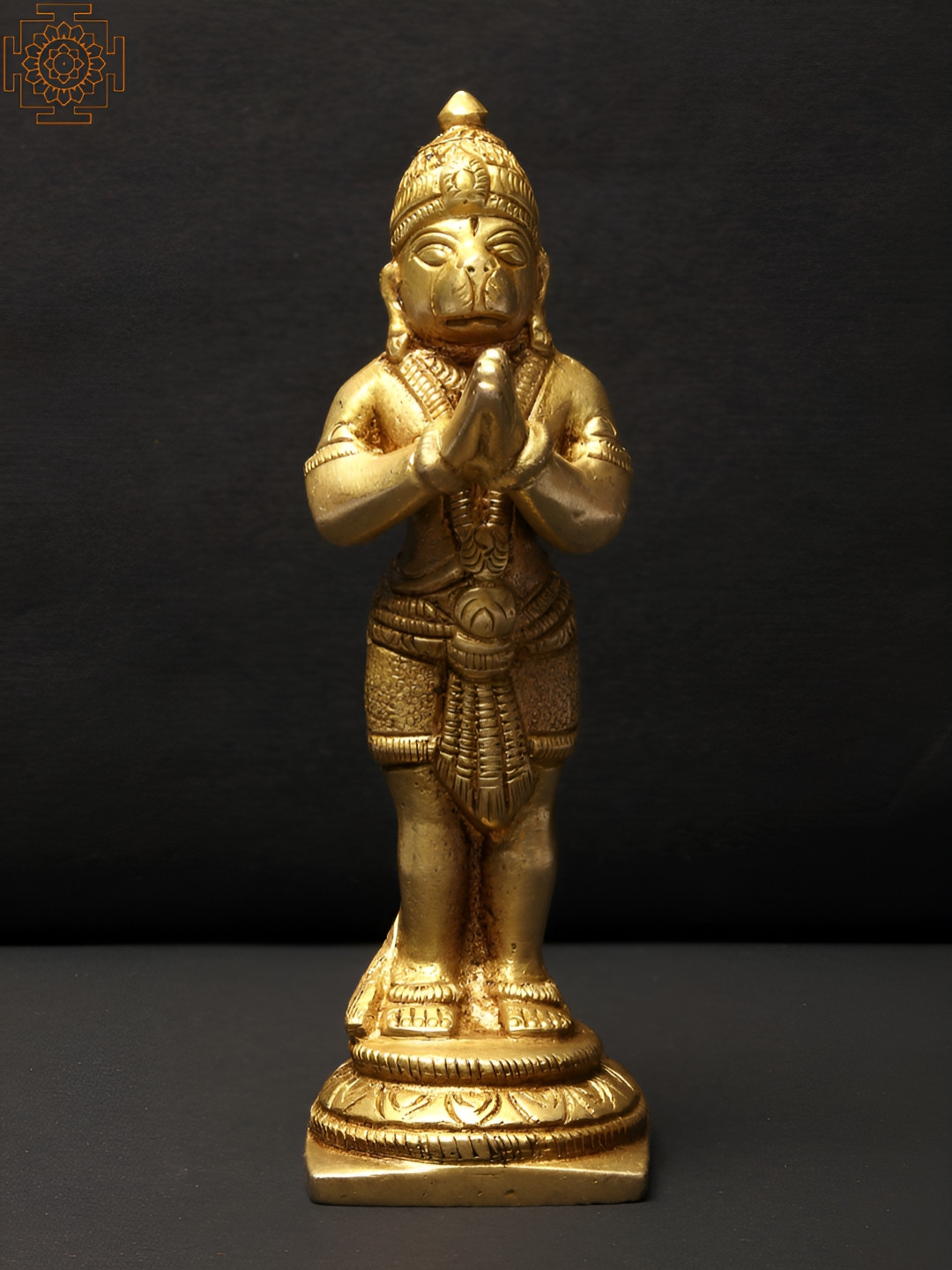 Exotic India Standing Lord Hanuman in Namaskar Mudra Gold Brass Metallic Prayer Room Small Showpiece - 4.7 Inches