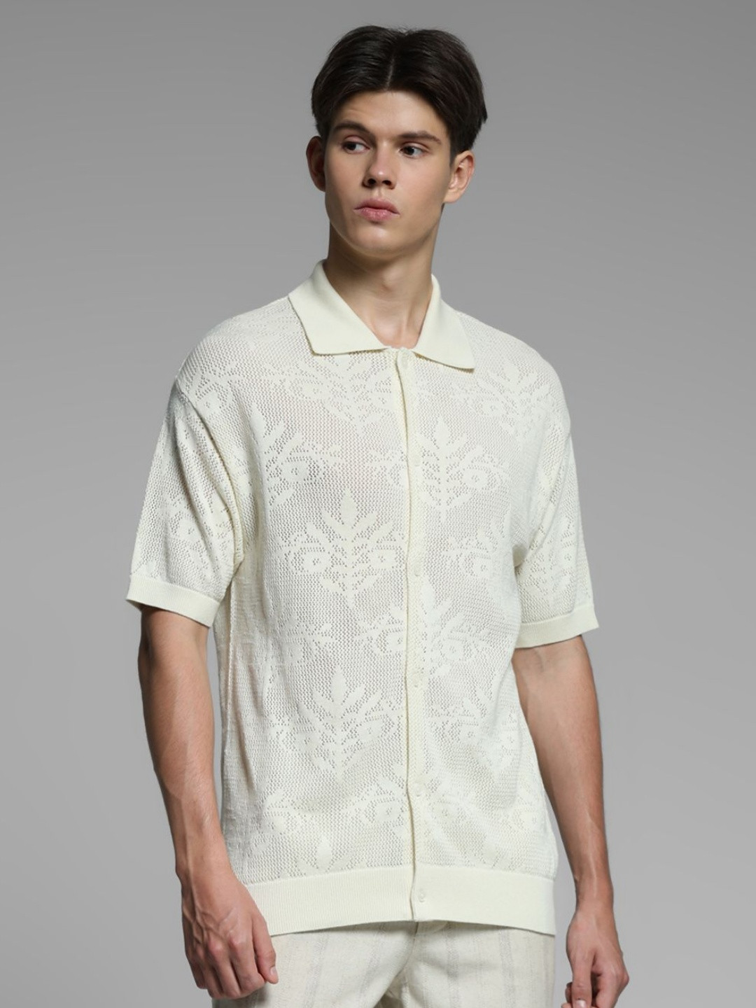 Jack & Jones Self Design Polo Collar Pure Cotton Oversized T-shirt
