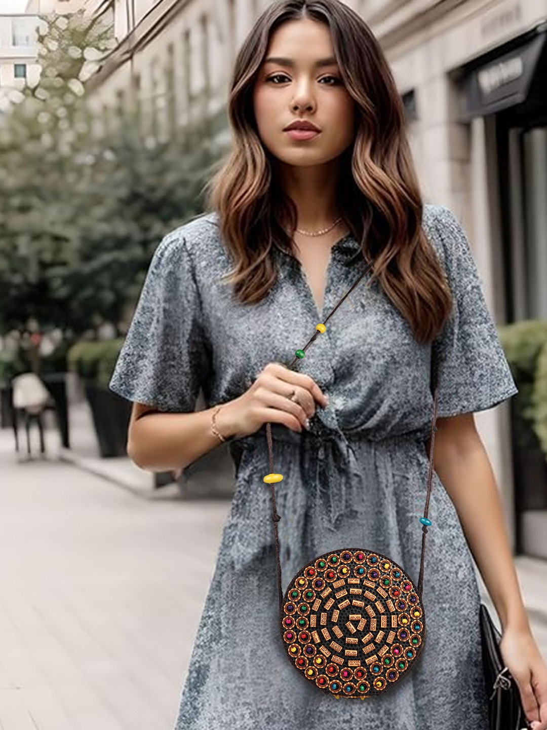 LADY QUINTON Geometric Self Design Structured Embroidered Sling Bag