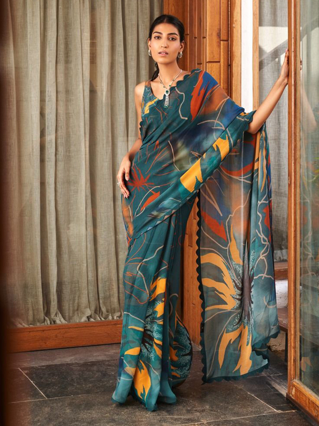 VenderVilla Abstract Printed Moss Satin Silk Saree