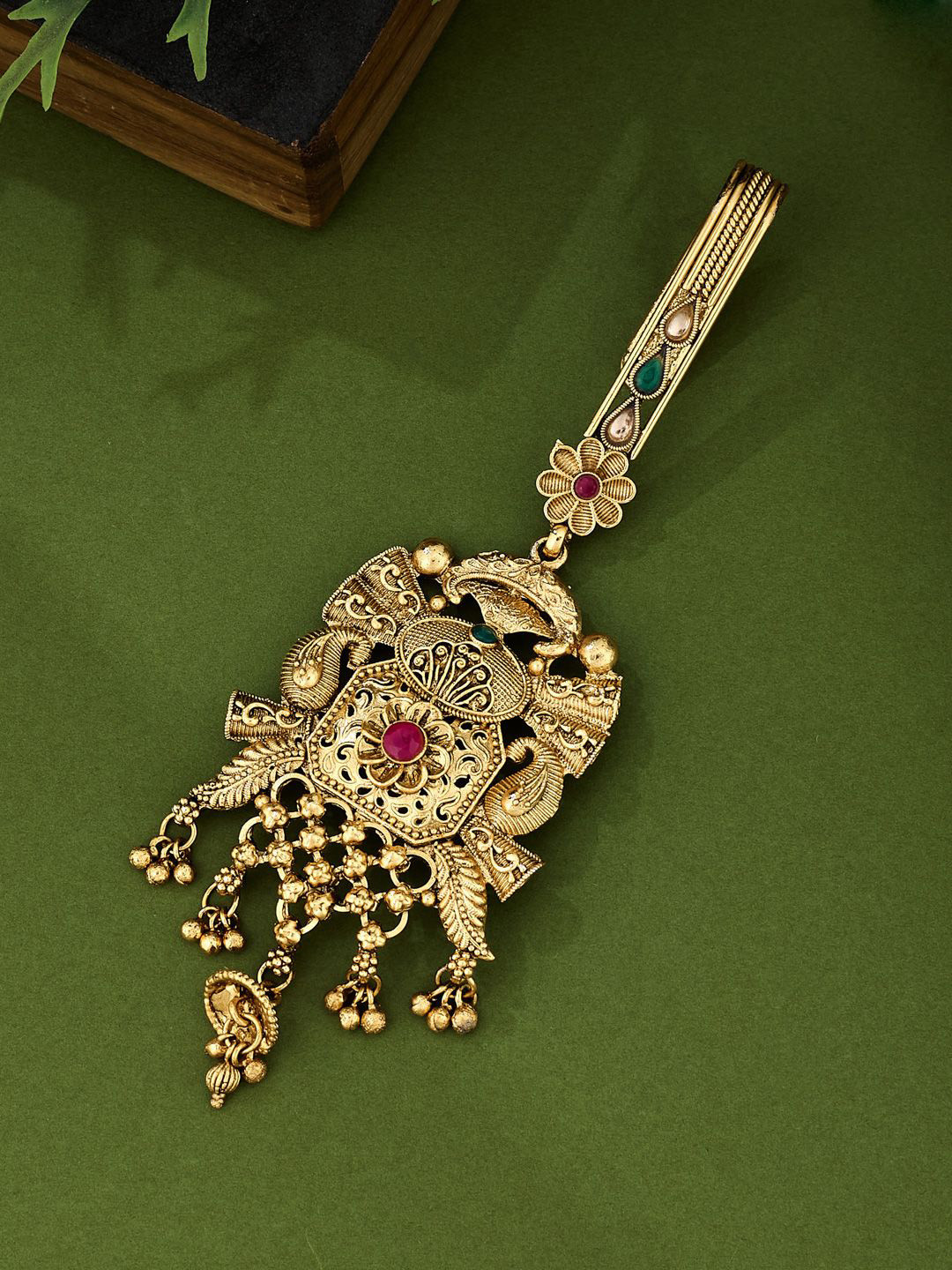 ATIBELLE Gold-Plated Artificial Stones Studded And Beaded Floral Shaped Bun Pin