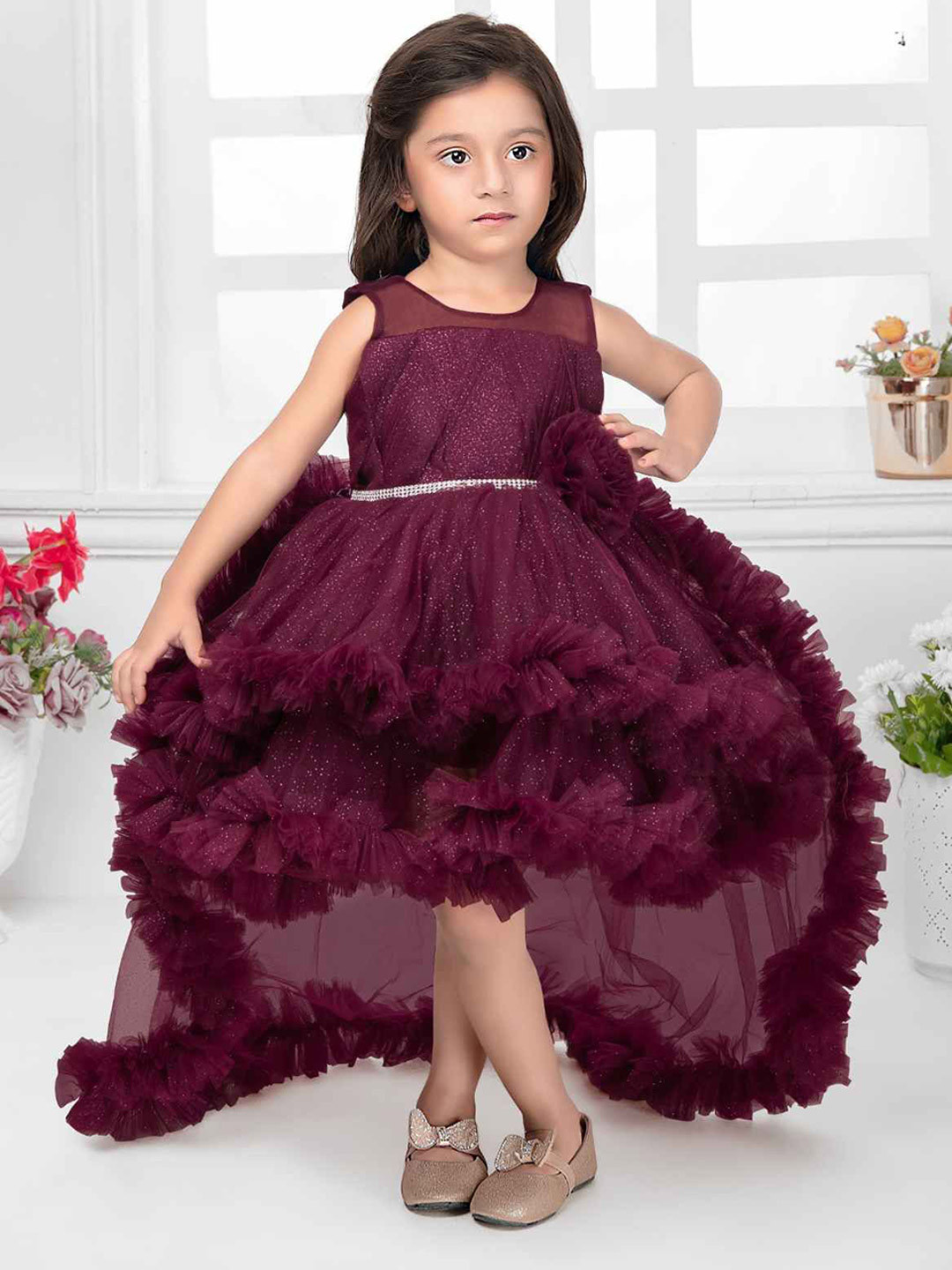 Lagorii Girls Wine Sleeveless And Floral Embellished Tail Back Frock