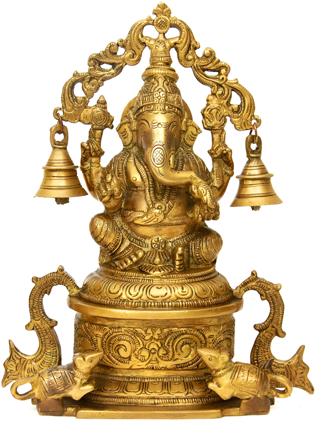 Exotic India Lord Ganesha Seated On High Pedestal with Hanging Bells Gold Brass Metallic Living Room Hand Made Medium Showpiece - 8.2 Inches