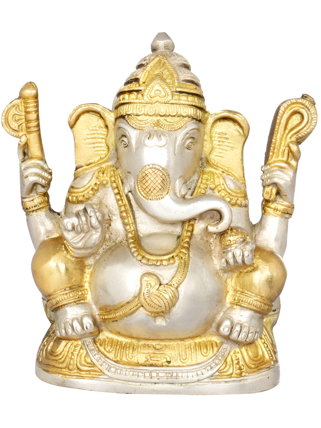 Exotic India Bhagawan Ganesha Silver Brass Metallic Prayer Room Medium Showpiece - 5.5 Inches