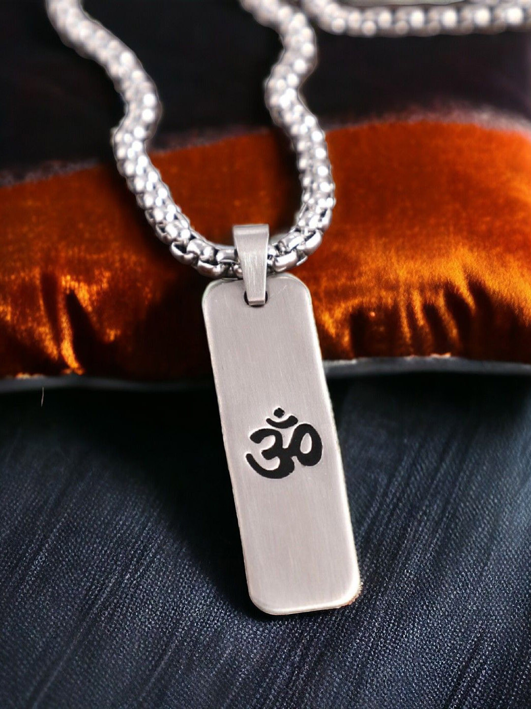 SZN Men Silver-Plated Rectangular Om Design Pendant with Chain