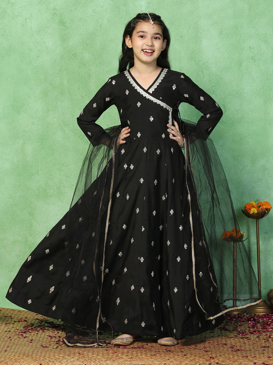 Sangria Girls Embroidered Maxi Dress With Dupatta