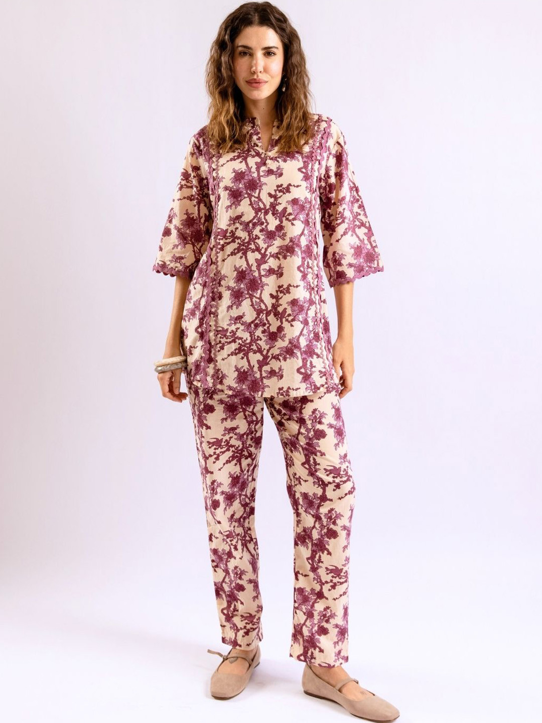 FEATHERS CLOSET Wildfloral Printed Lace Cotton Co-Ord Set