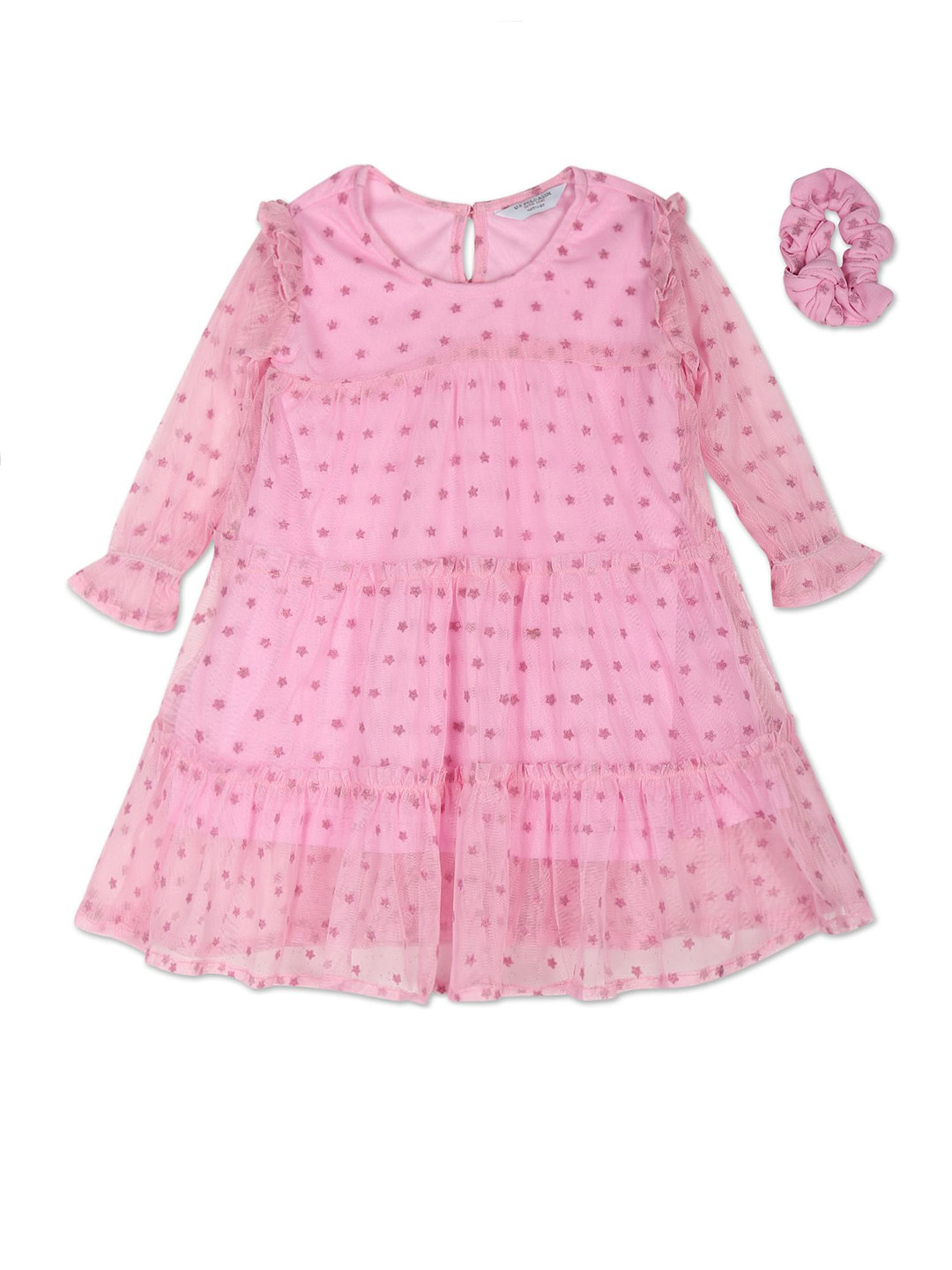 U.S. Polo Assn. Kids Star Print Bell Sleeve Net A-Line Tiered Dress with Scrunchie