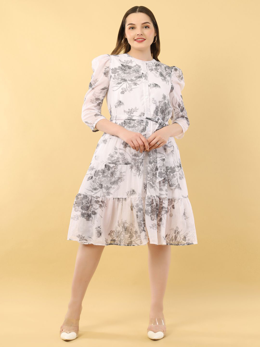 Ekika Women Floral Print Puff Sleeve Belted Georgette Shirt Dress