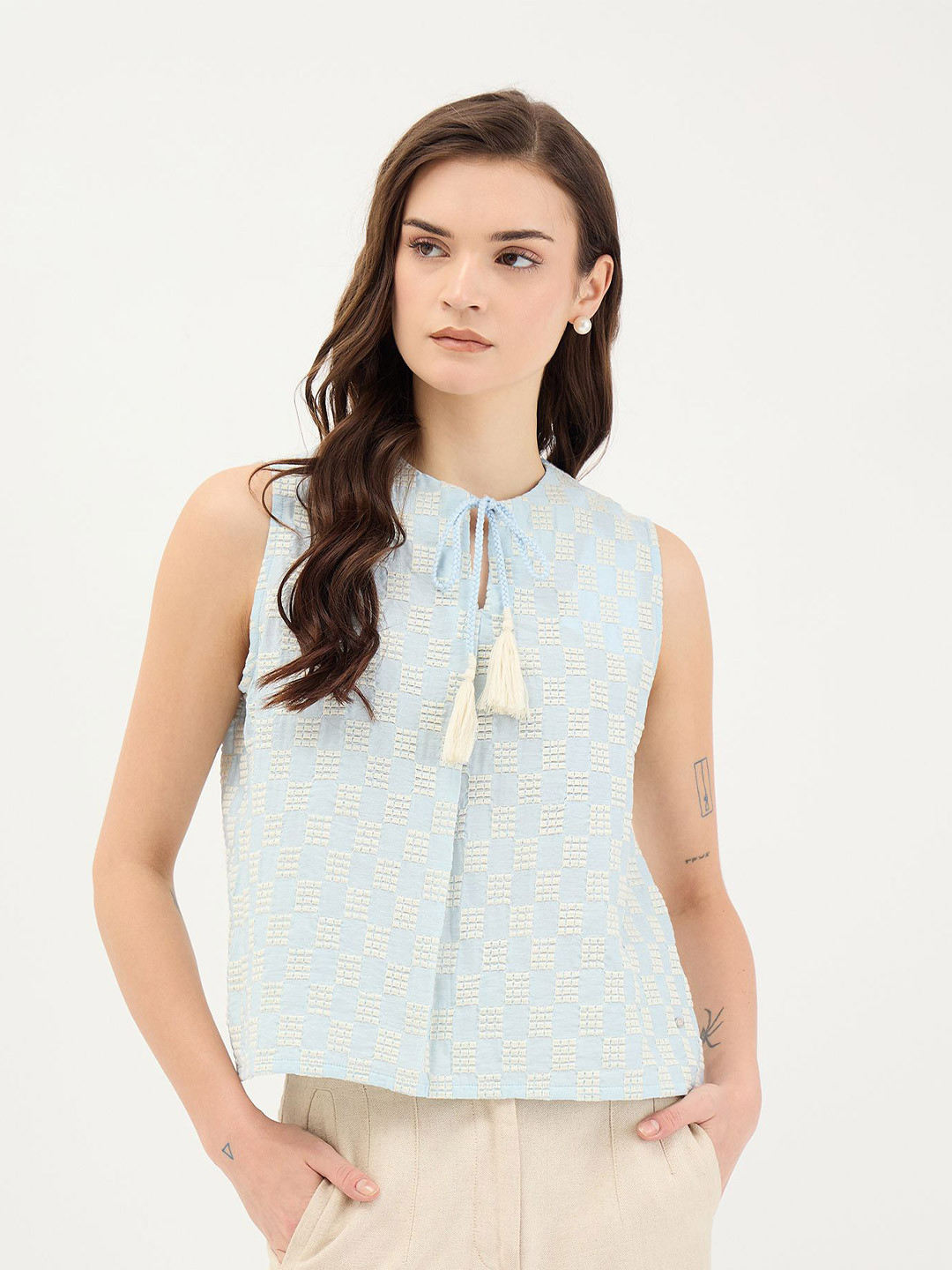 ELLE Fashion Women Embroidered Tie-Up Neck Top