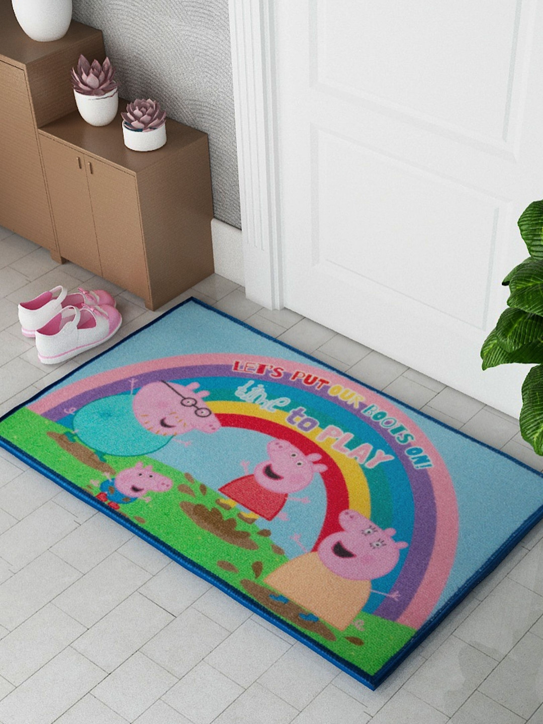 Athom Living Blue & Green Peppa Pig Rainbow Designed Themed Printed Anti-Skid Doormats