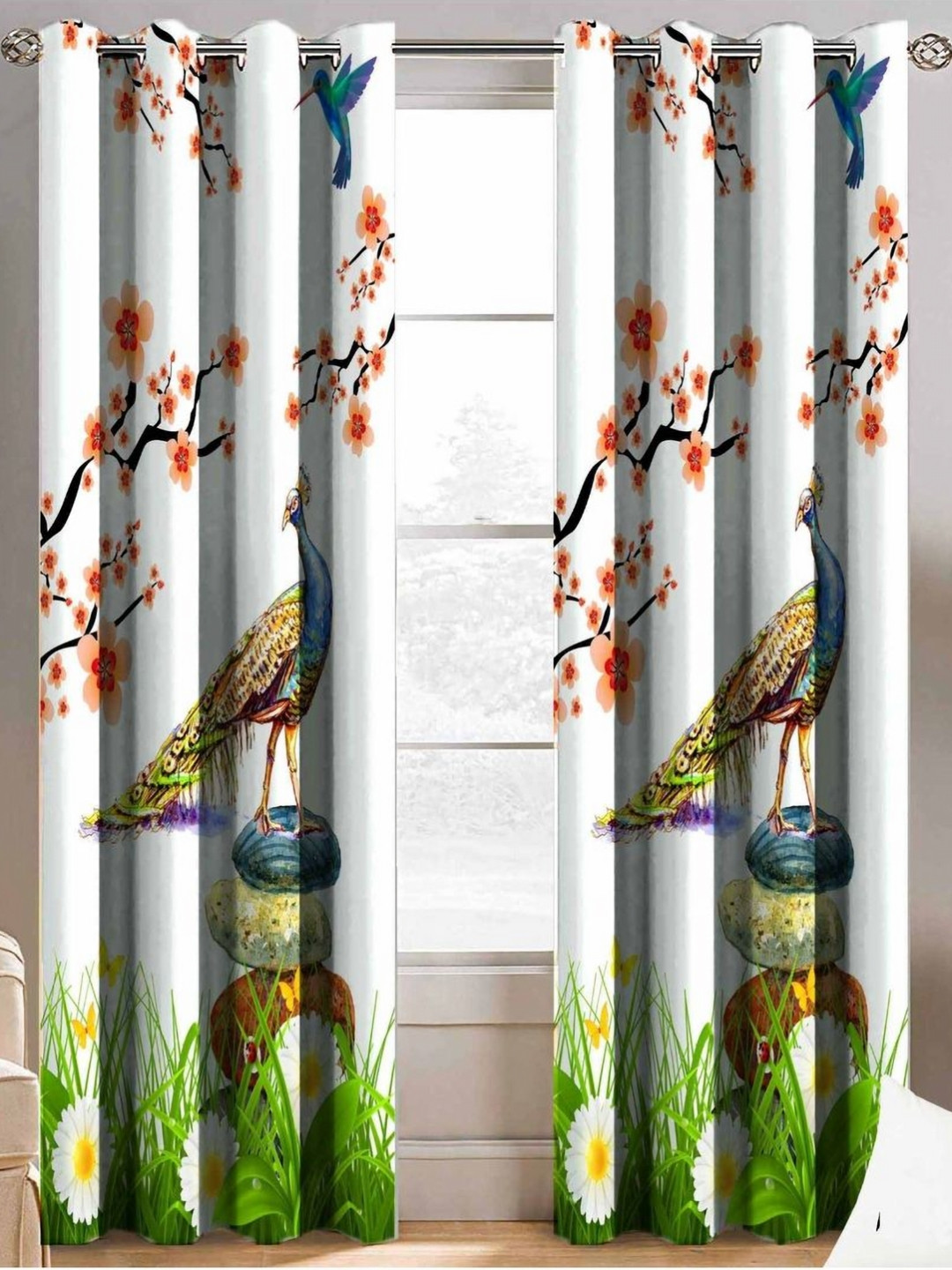 Aura White & Green Set of 2 Long Door Curtain