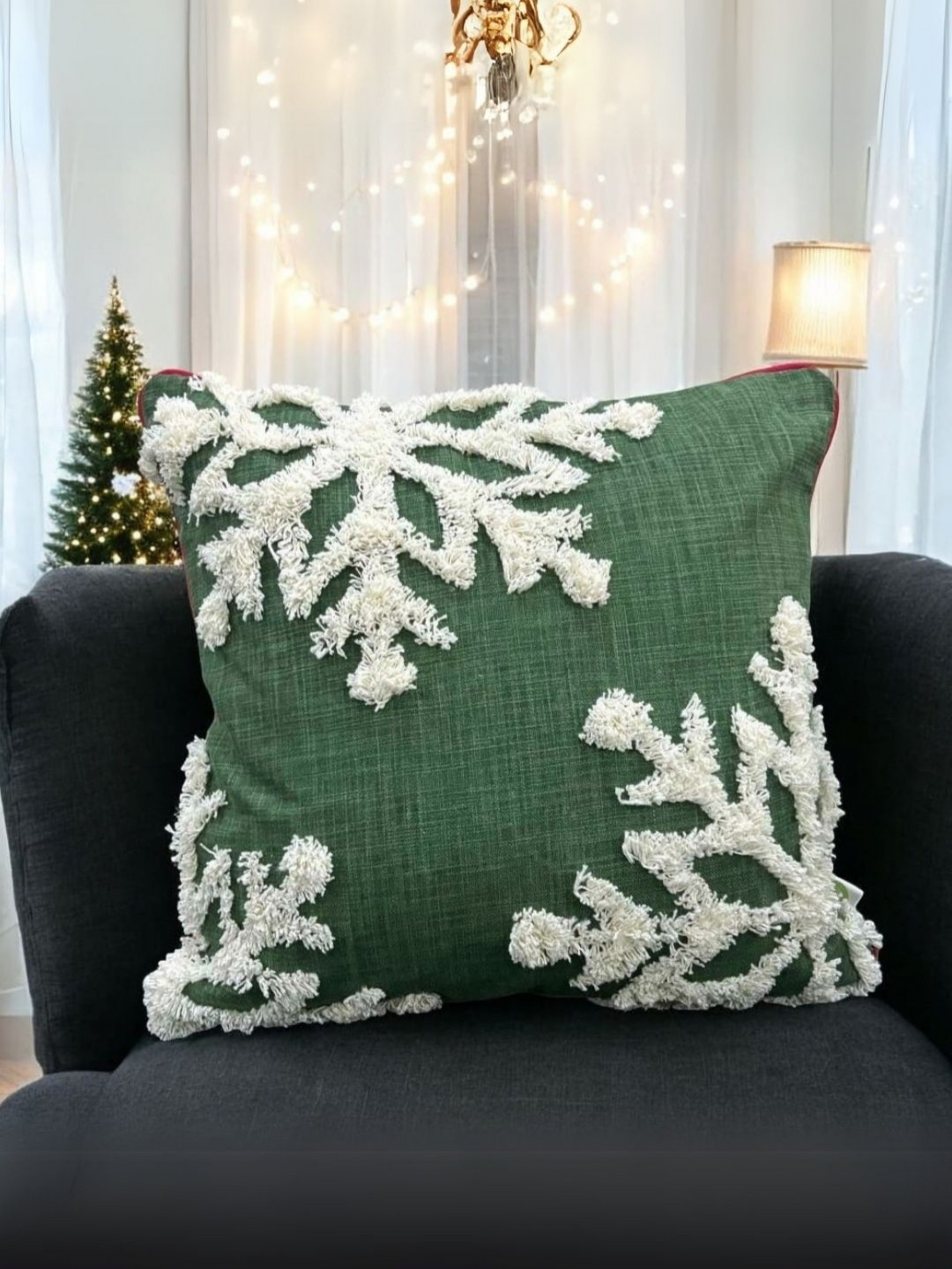 LUSHLYF Evergreen Green & White Snowflake Embroidered Cotton Square Cushion Cover